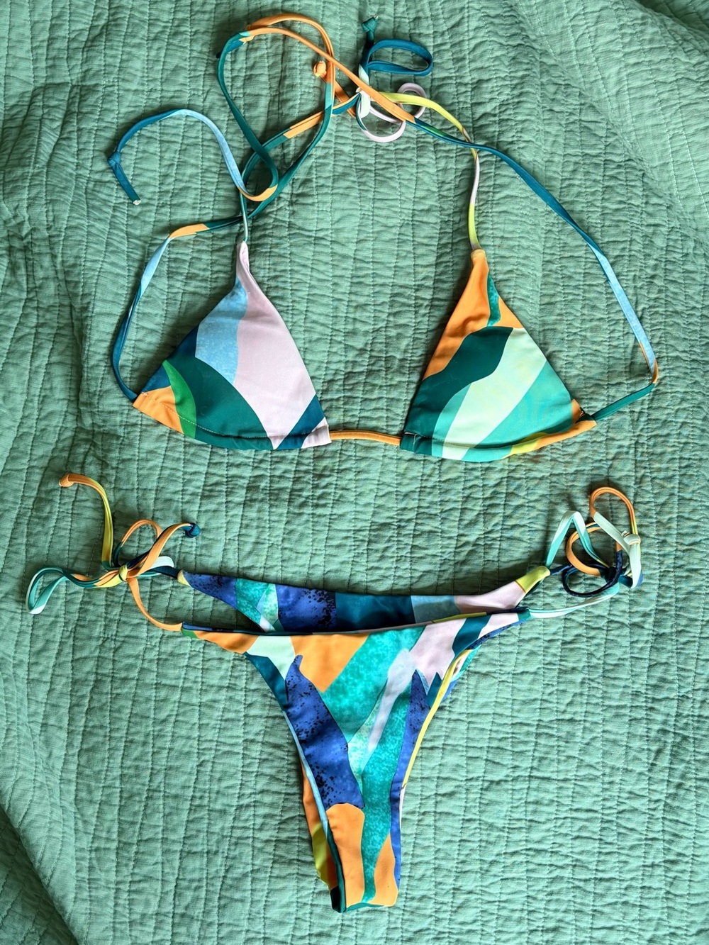 Vibrant Abstract Print Tie-Side Bikini - Teal, Blue & Yellow